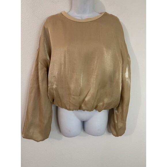 Zara Blouse Gold Bubble Bottom Cropped Long Balloon Sleeves Holiday Event Size M - Picture 1 of 6